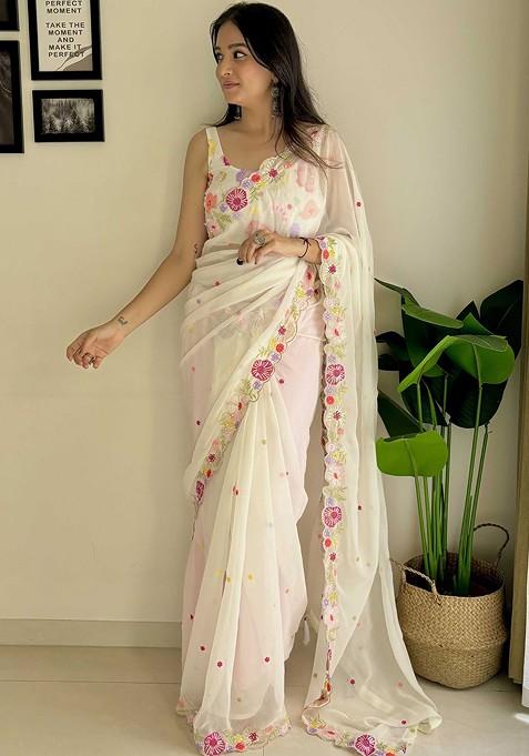 White Sequin Embellished Blended Saree Set