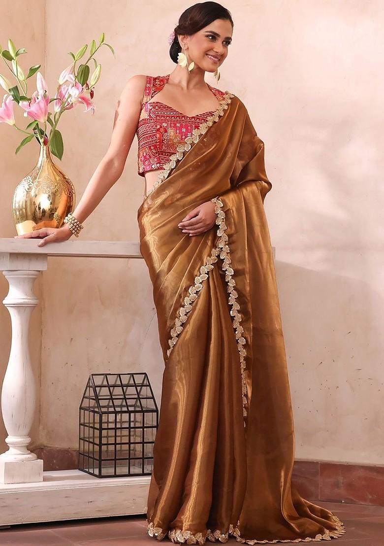 Gold Sequin Embellished Blended Saree Set