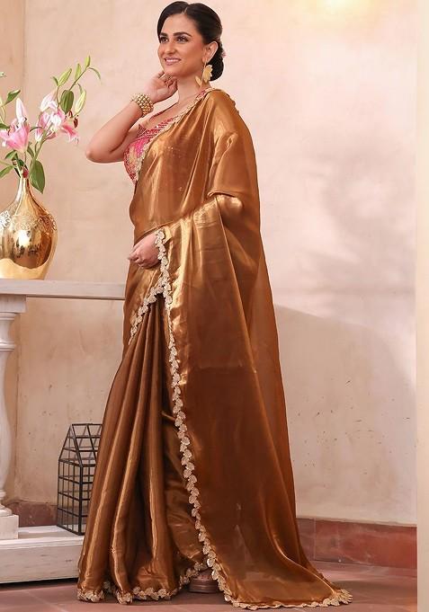 Gold Sequin Embellished Blended Saree Set