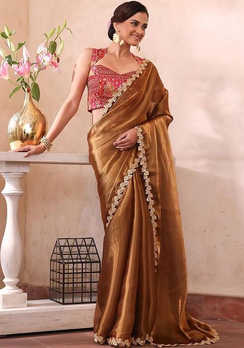 Gold Sequin Embellished Blended Saree Set