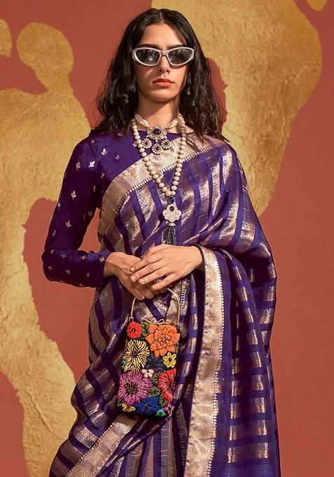 Purple Jacquard Blended Saree Set