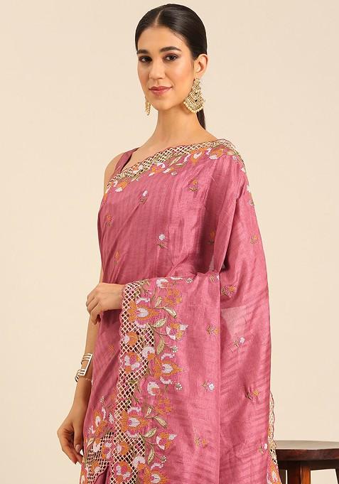 Pink Embroidered Blended Saree Set