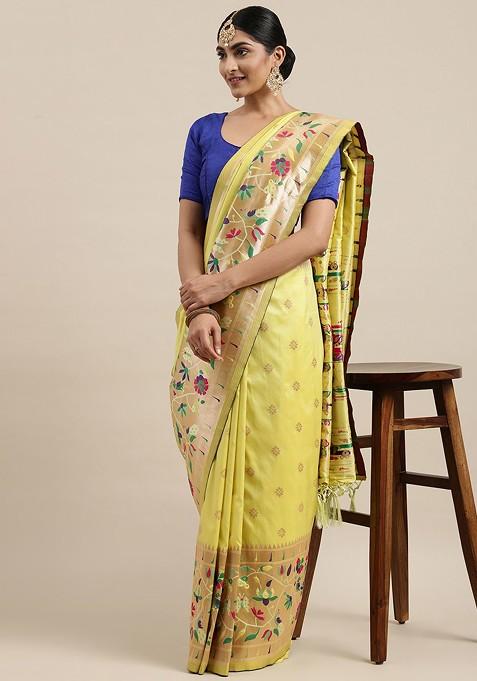 Yellow Embroidered Blended Saree Set