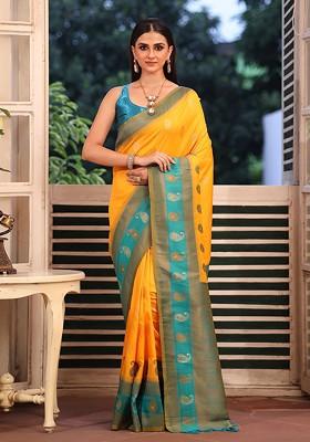 Mustard Embroidered Blended Saree Set
