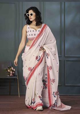 Off White Embroidered Blended Saree Set