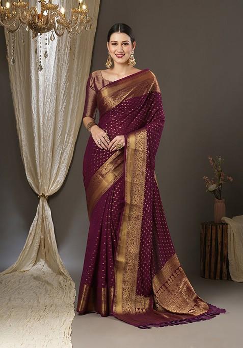 Burgundy Embroidered Blended Saree Set — view on Indya