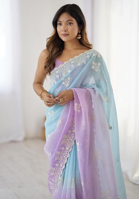 Blue Embellished Blended Saree Set
