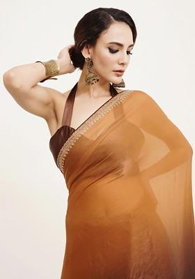 Mustard Embroidered Blended Saree Set