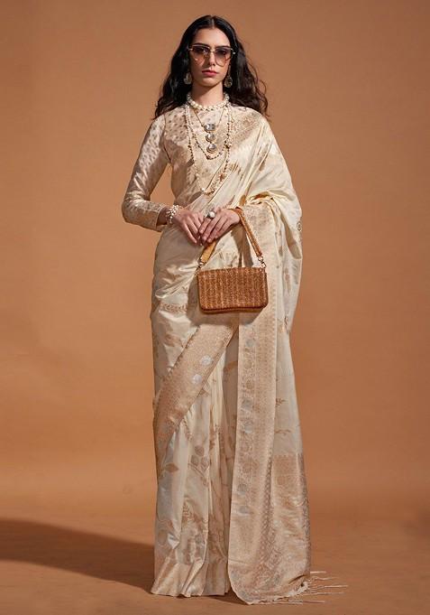 Cream Jacquard Blended Saree Set