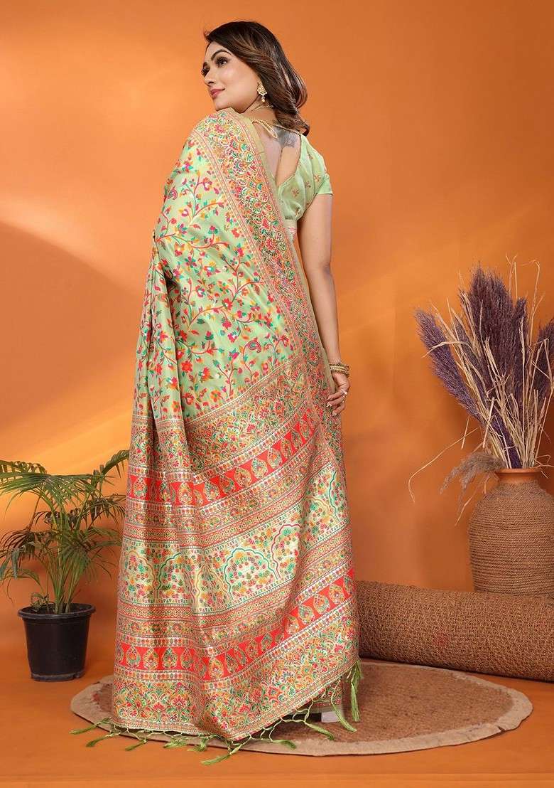 Green Blended Saree Set with Embroidered for Diwali | Wedding & Festive Wear - Indya