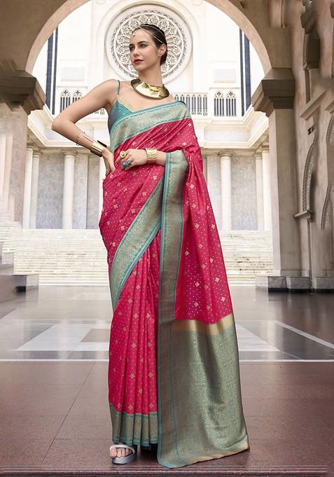 Magenta Embroidered Blended Saree Set