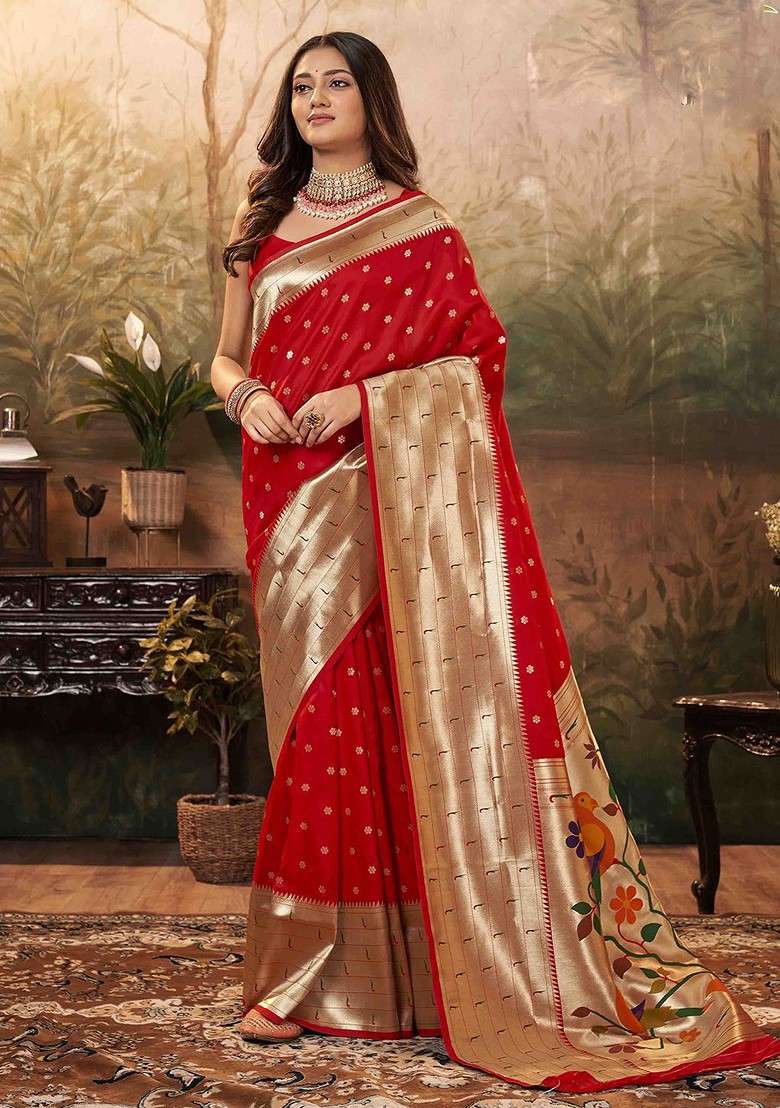 Red Embroidered Blended Saree Set for Diwali and Festive Wear - Indya