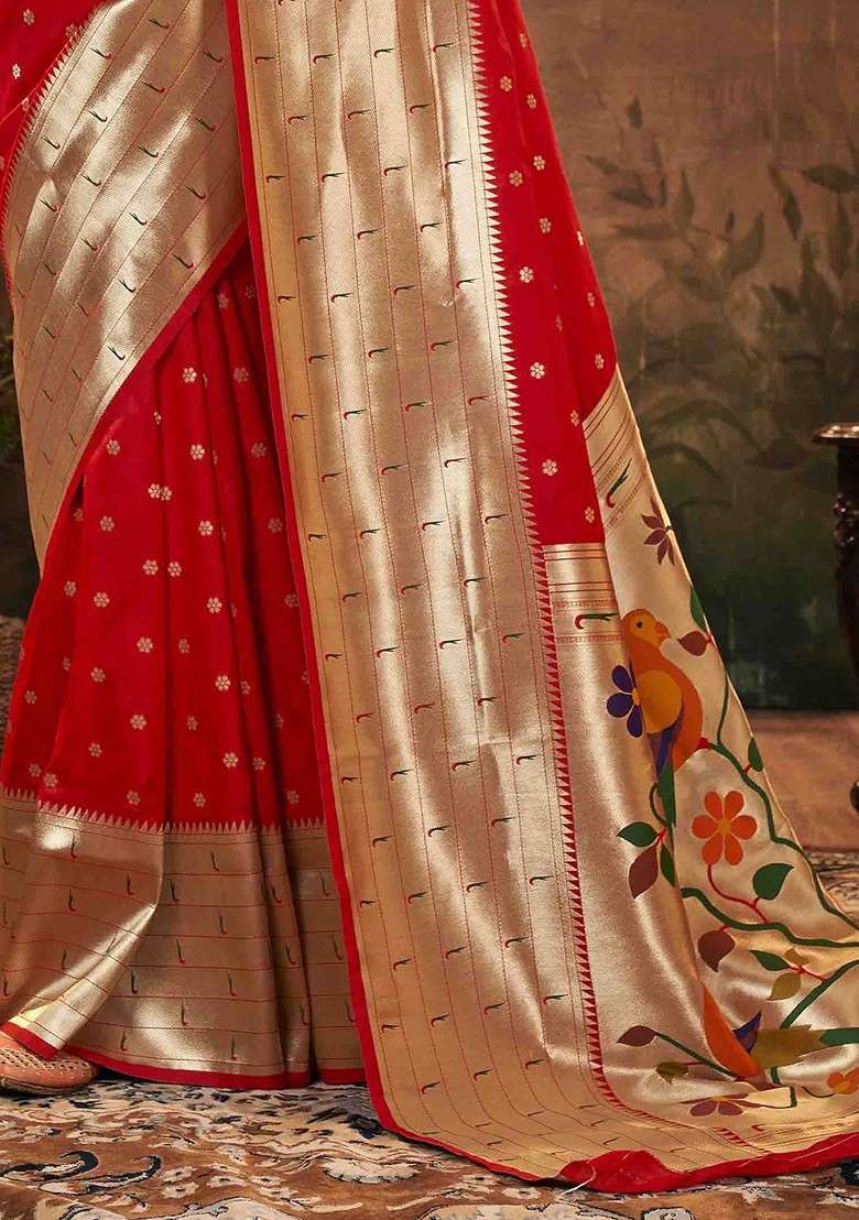 Red Embroidered Blended Saree Set for Diwali and Festive Wear - Indya