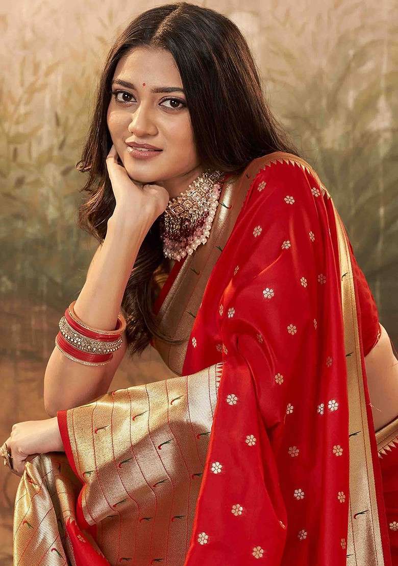 Red Embroidered Blended Saree Set for Diwali and Festive Wear - Indya