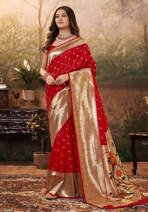 Red Embroidered Blended Saree Set for Diwali and Festive Wear