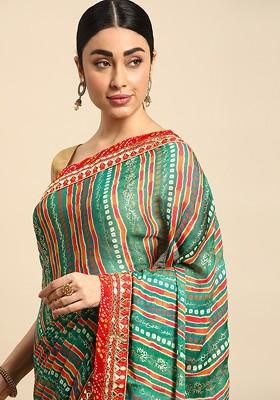Turquoise Blue Printed Blended Saree Set