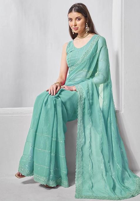 Turquoise Blue Embellished Blended Saree Set