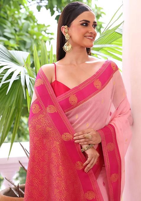 Pink Embroidered Blended Saree Set