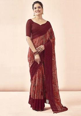 Maroon Printed Blended Saree Set