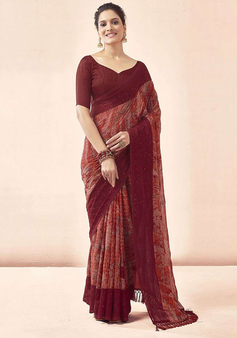 Maroon Blended Saree Set with Printed for Diwali | Wedding & Festive Wear - Indya