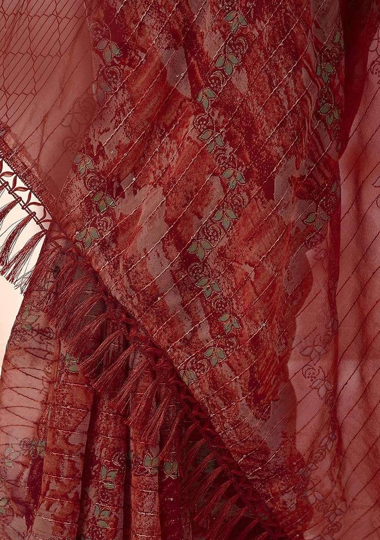 Maroon Blended Saree Set with Printed for Diwali | Wedding & Festive Wear - Indya