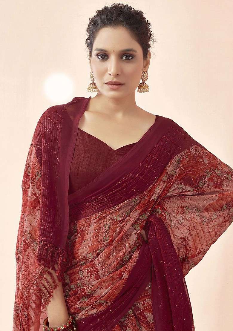 Maroon Blended Saree Set with Printed for Diwali | Wedding & Festive Wear - Indya
