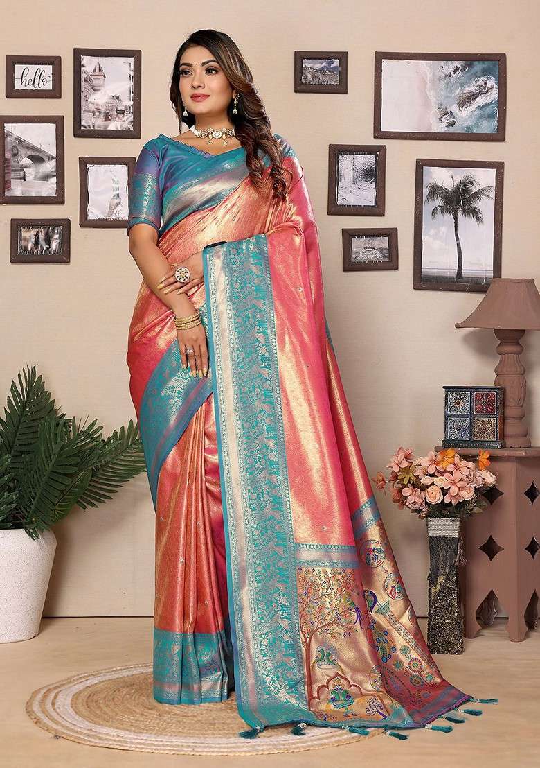 Pink Blended Saree Set with Embroidered for Diwali | Wedding & Festive Wear - Indya