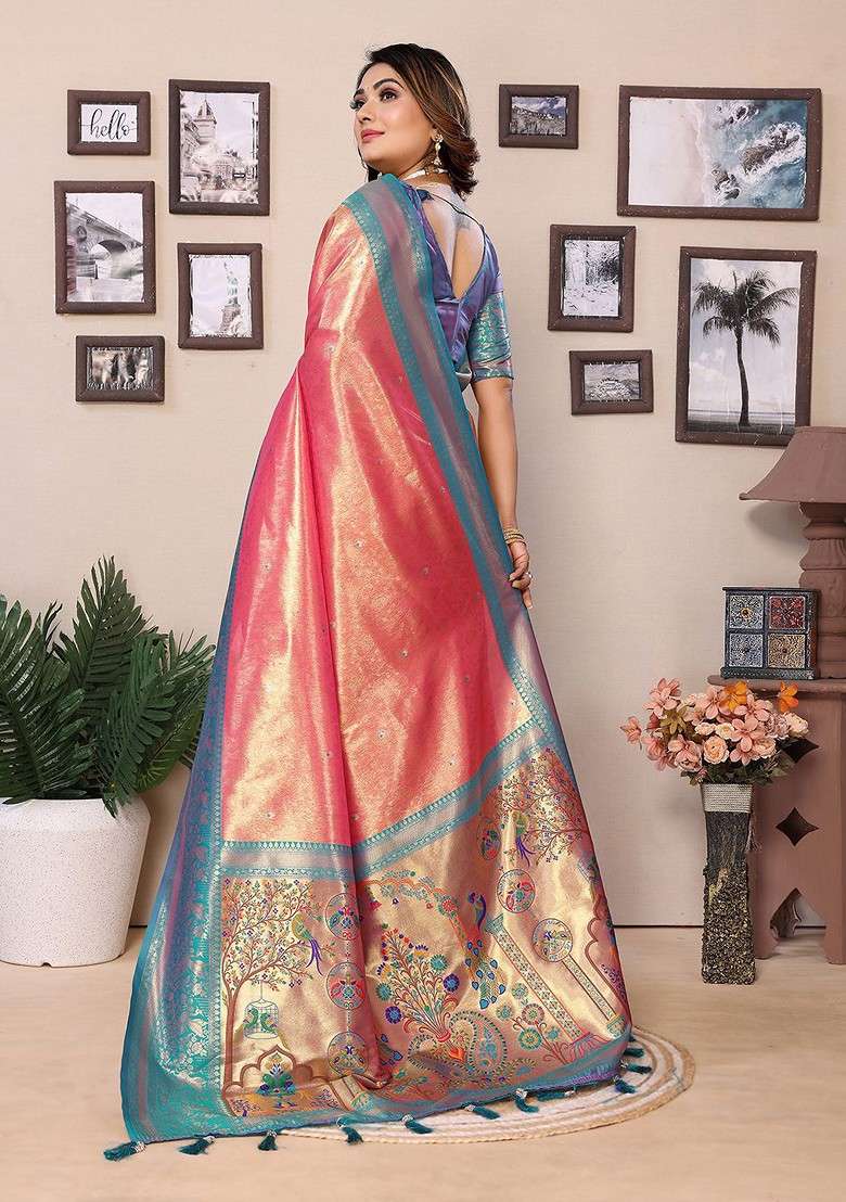 Pink Blended Saree Set with Embroidered for Diwali | Wedding & Festive Wear - Indya