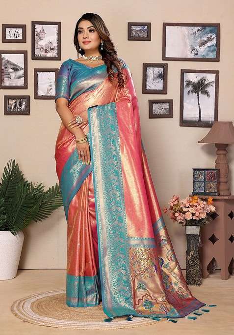 Pink Blended Saree Set with Embroidered for Diwali | Wedding & Festive Wear