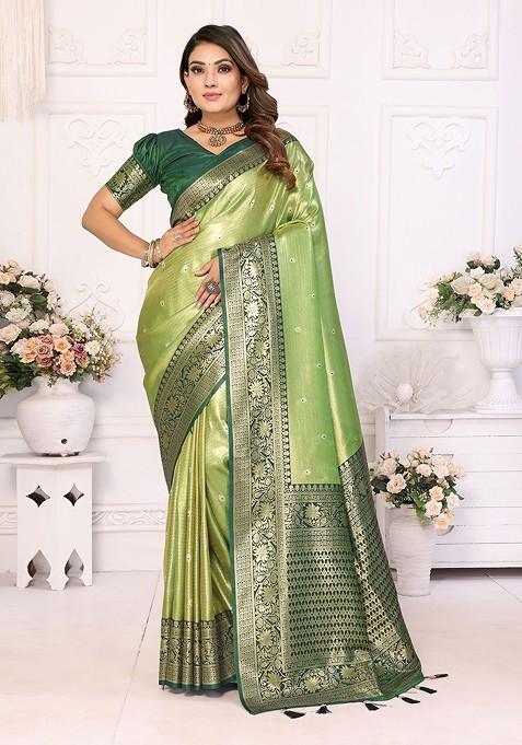 Green Embellished Blended Saree Set — view on Indya