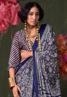 Navy Blue Printed Blended Saree Set
