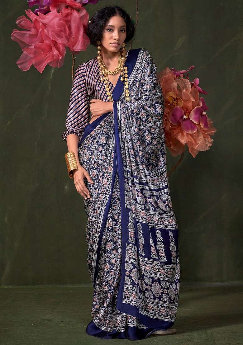 Navy Blue Printed Blended Saree Set - Indya