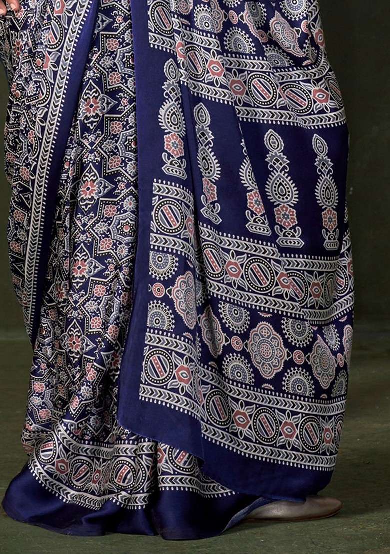 Navy Blue Printed Blended Saree Set - Indya