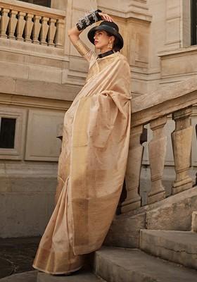 Cream Embroidered Blended Saree Set