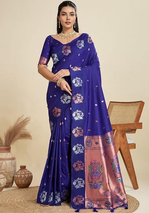 Blue Embroidered Blended Saree Set