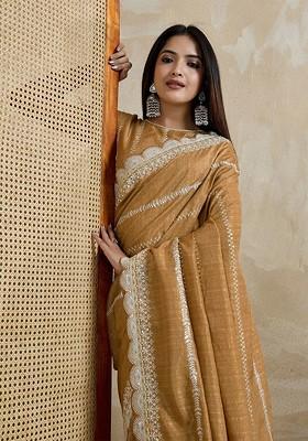 Mustard Embroidered Blended Saree Set