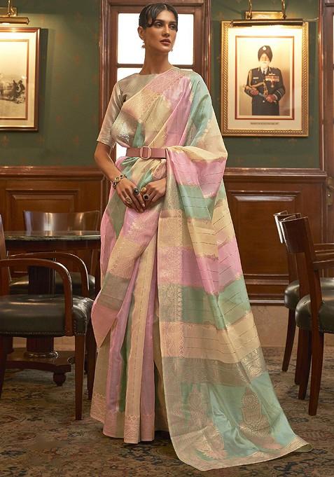 Green Jacquard Blended Saree Set — view on Indya
