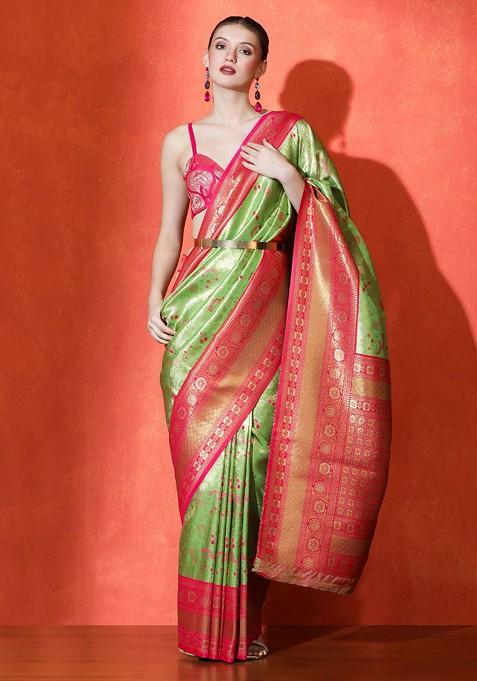 Green Embroidered Blended Saree Set