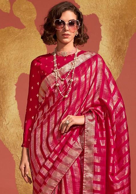 Pink Jacquard Blended Saree Set