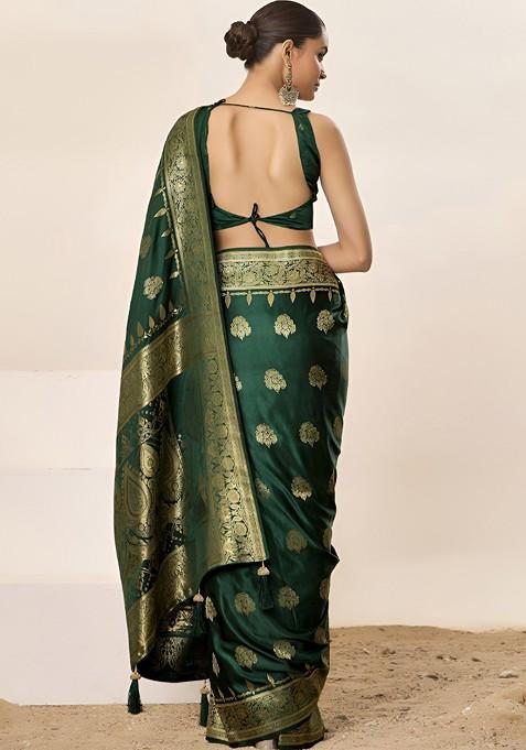 Green Embroidered Blended Saree Set