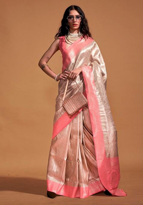 Cream Embroidered Blended Saree Set — view on Indya