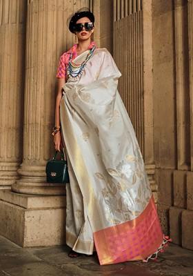 Off White Embroidered Blended Saree Set