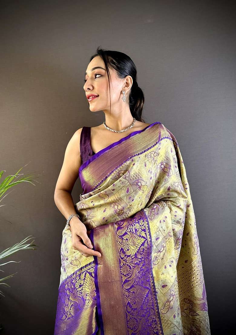 Gold Blended Saree Set with Embroidered for Diwali | Wedding & Festive Wear - Indya