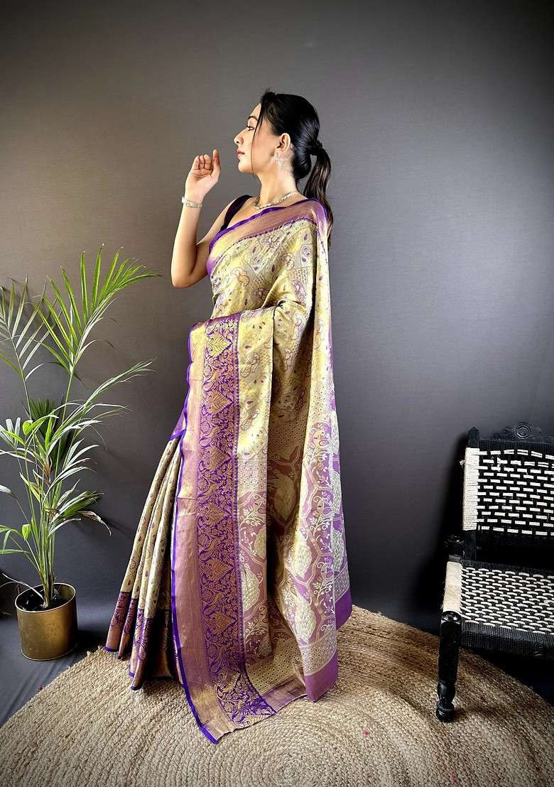 Gold Blended Saree Set with Embroidered for Diwali | Wedding & Festive Wear - Indya