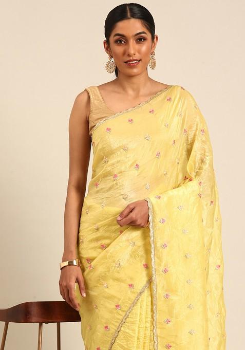 Yellow Printed Blended Saree Set