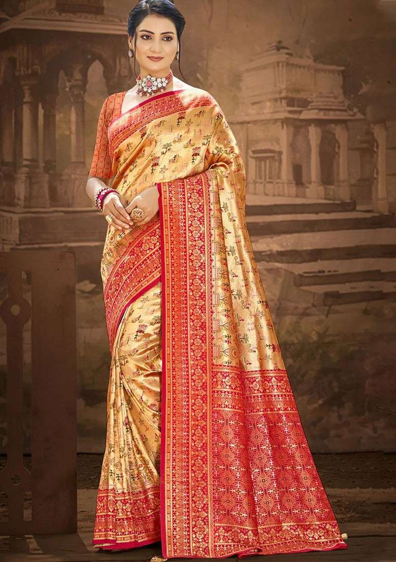 Gold Blended Saree Set with Embroidered for Diwali | Wedding & Festive Wear - Indya