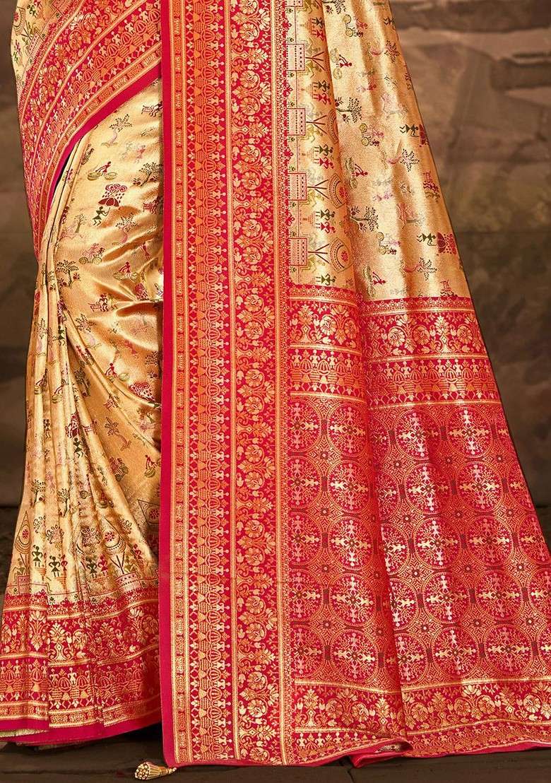 Gold Blended Saree Set with Embroidered for Diwali | Wedding & Festive Wear - Indya