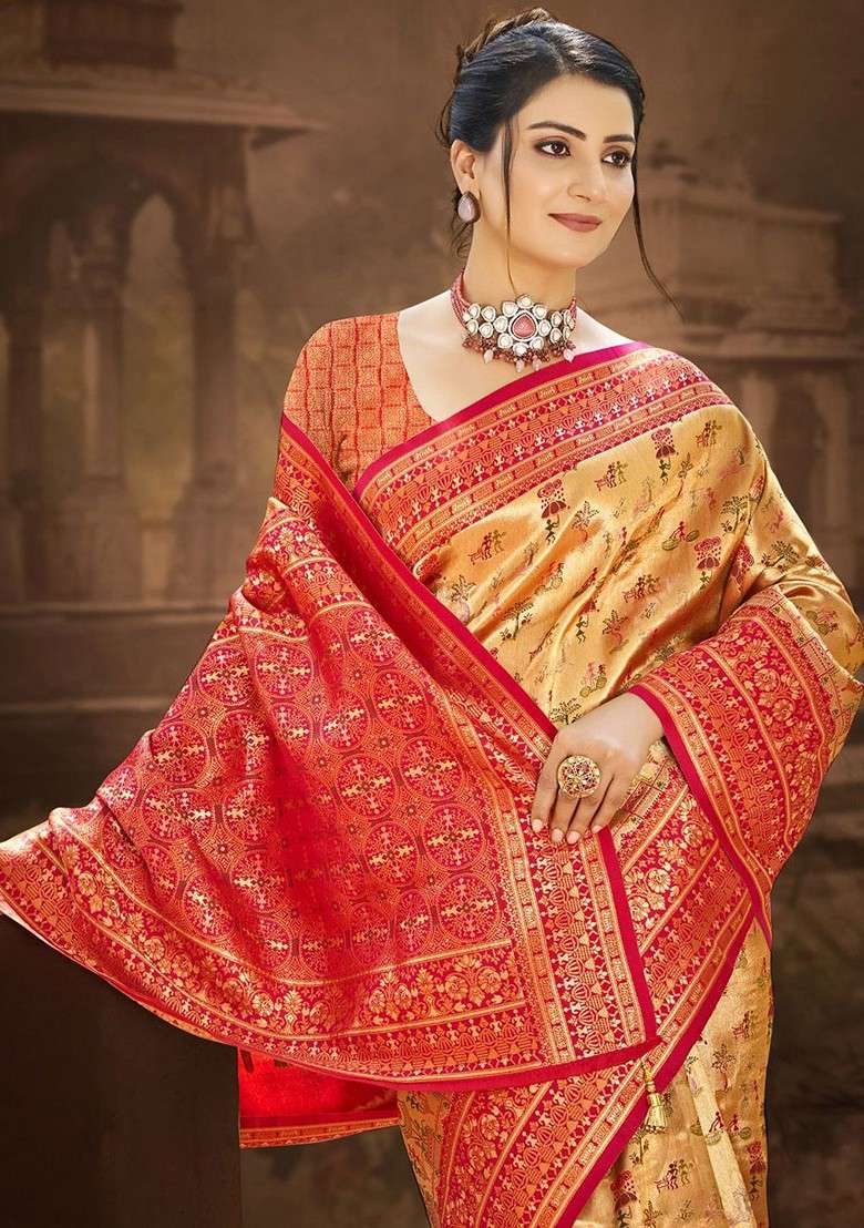 Gold Blended Saree Set with Embroidered for Diwali | Wedding & Festive Wear - Indya