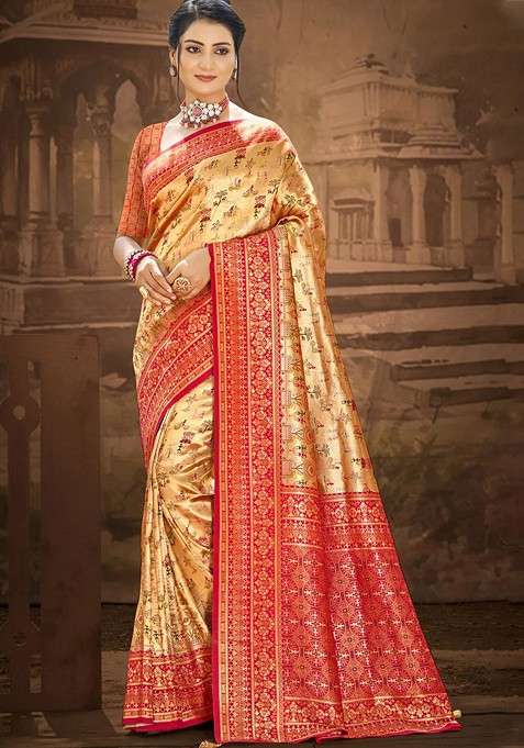 Gold Blended Saree Set with Embroidered for Diwali | Wedding & Festive Wear