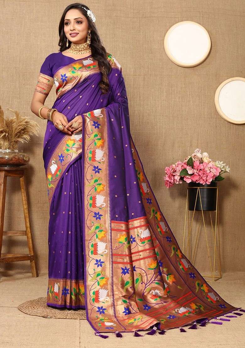 Purple Embroidered Blended Saree Set for Diwali and Festive Wear - Indya